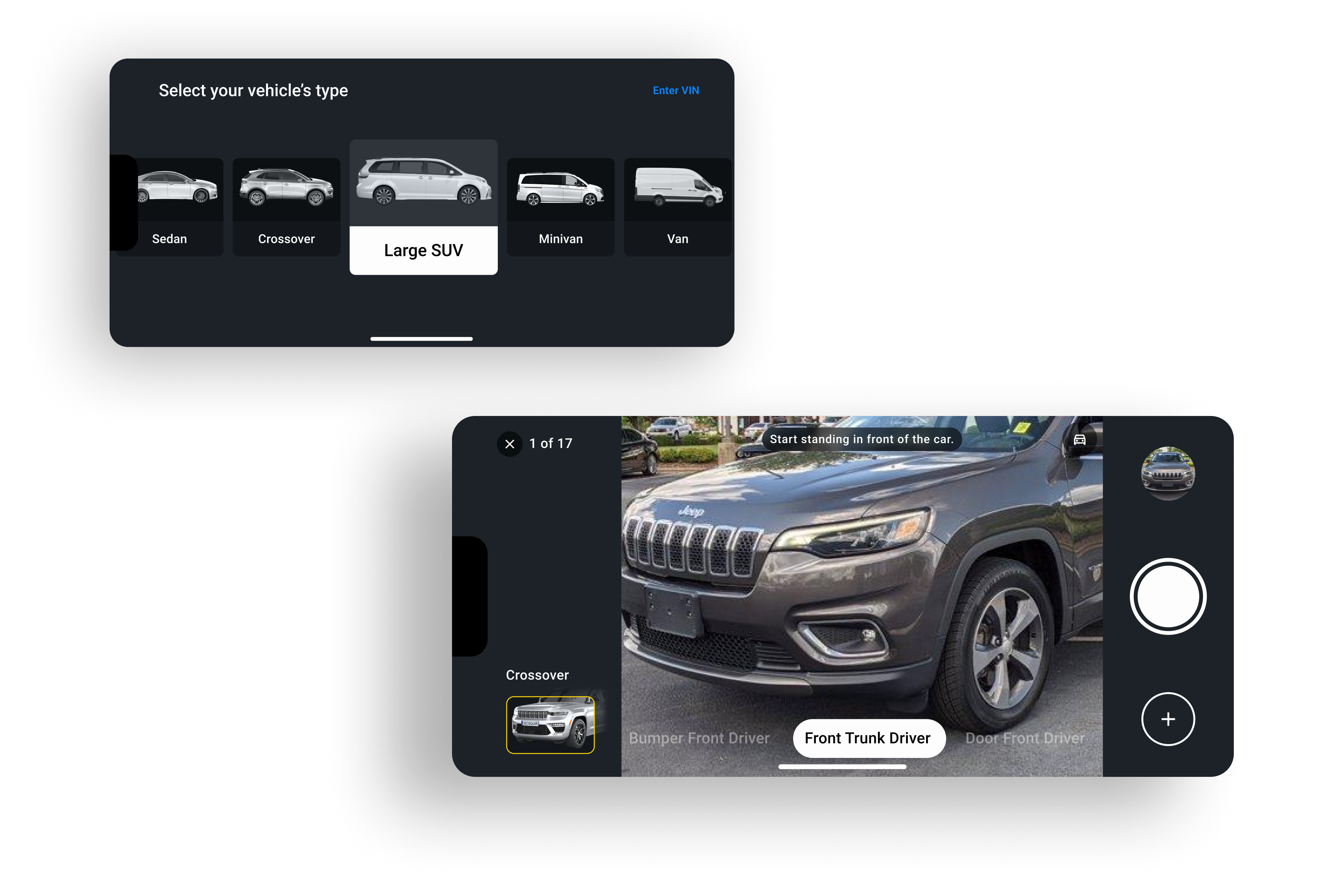 Vehicle-type selection and the guided camera interface.