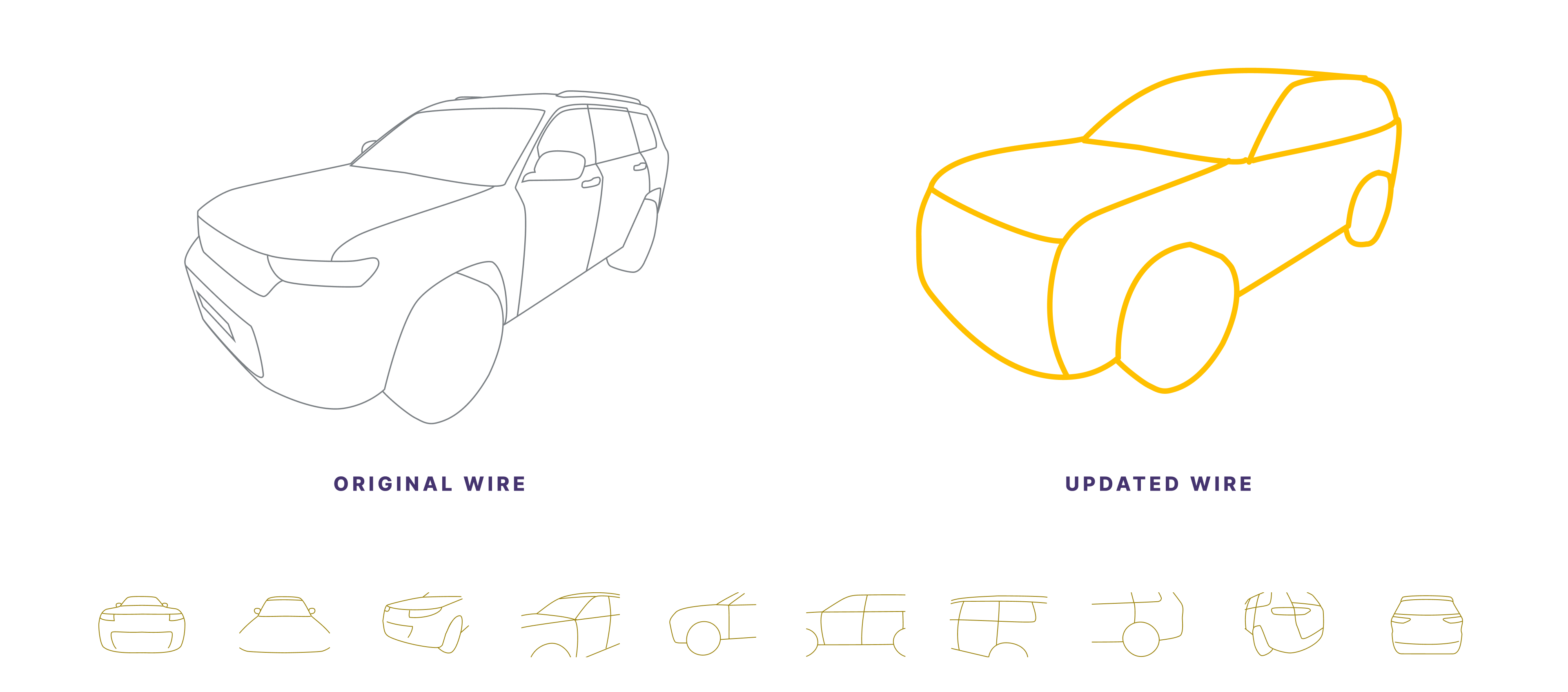 Comparison of the original detailed wireframe and the simplified vehicle silhouette, with the surrounding vehicle viewpoints.
