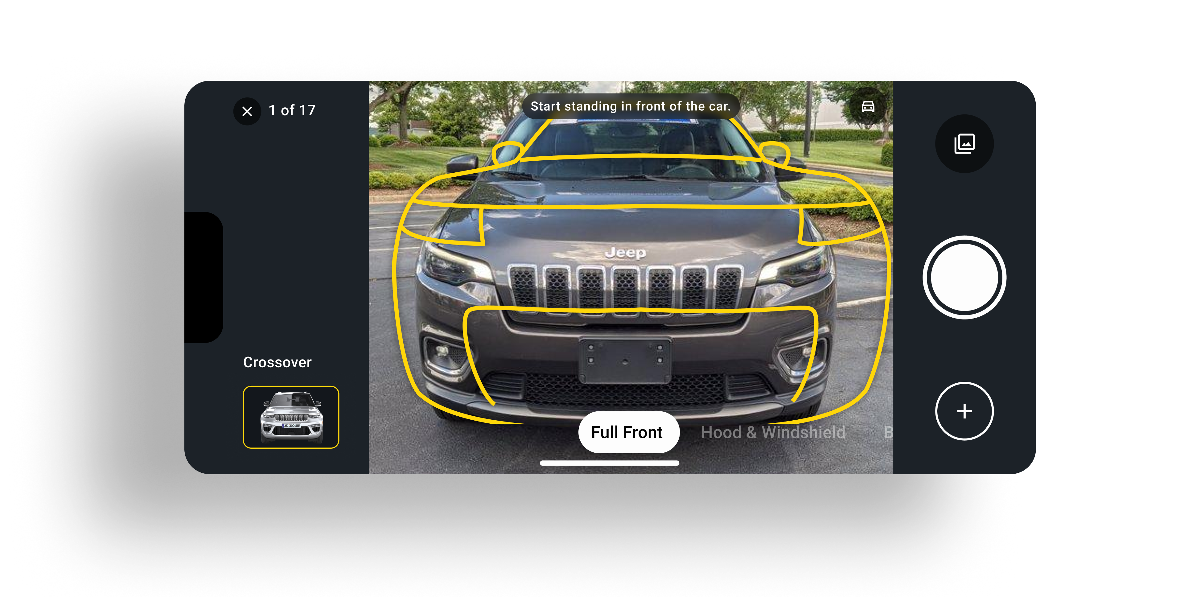 Guided camera prototype showing a real vehicle photo, simplified overlay, persistent instruction, and shot thumbnail.