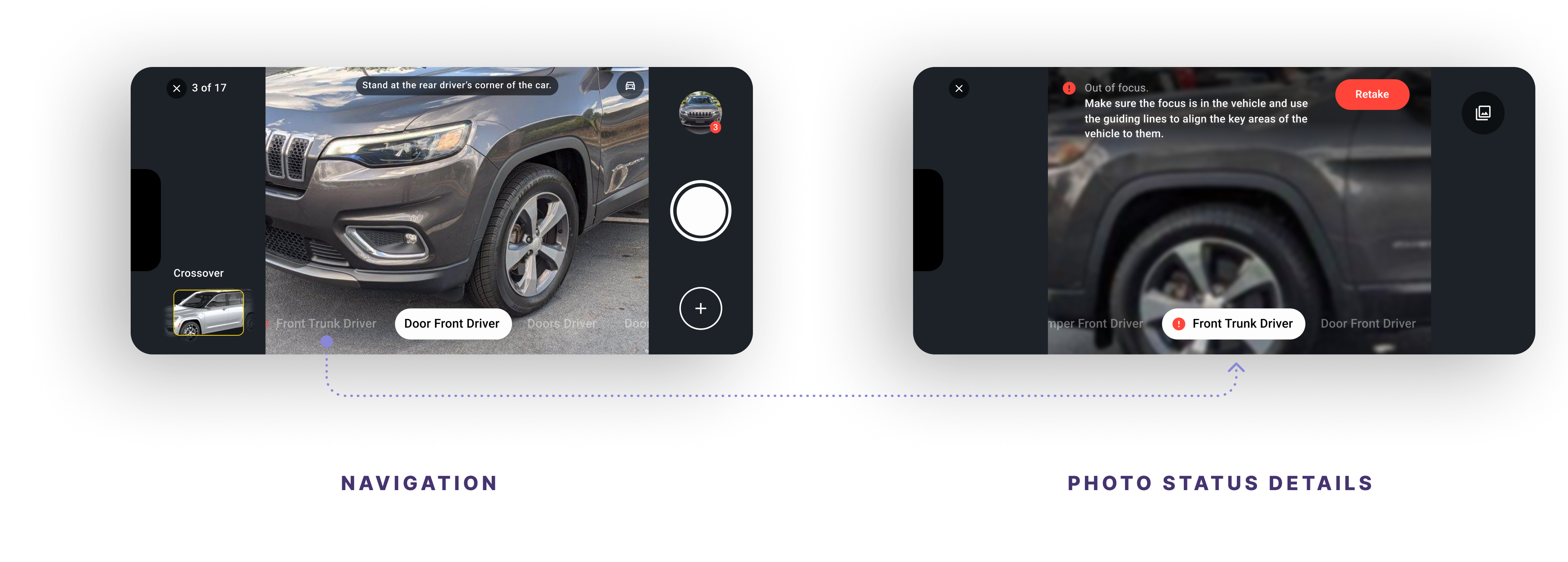 Camera navigation and the out-of-focus photo state, including contextual status and the Retake action.