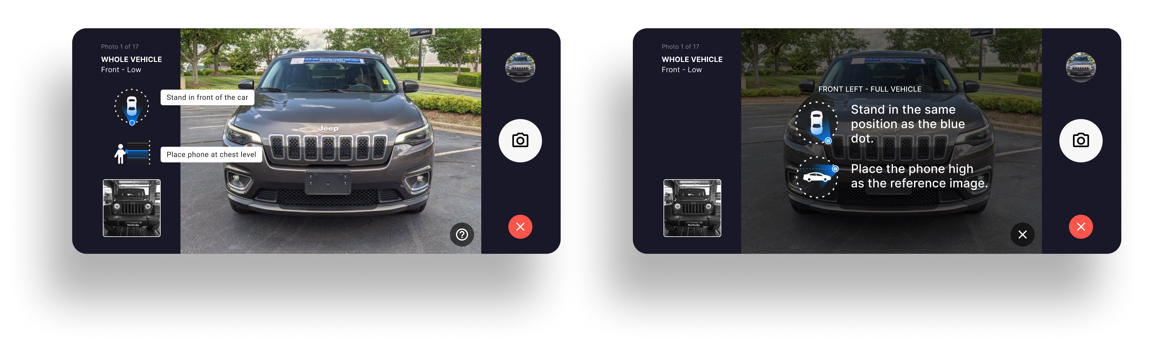 Positioning instructions and icons showing where to stand and how high to hold the phone.