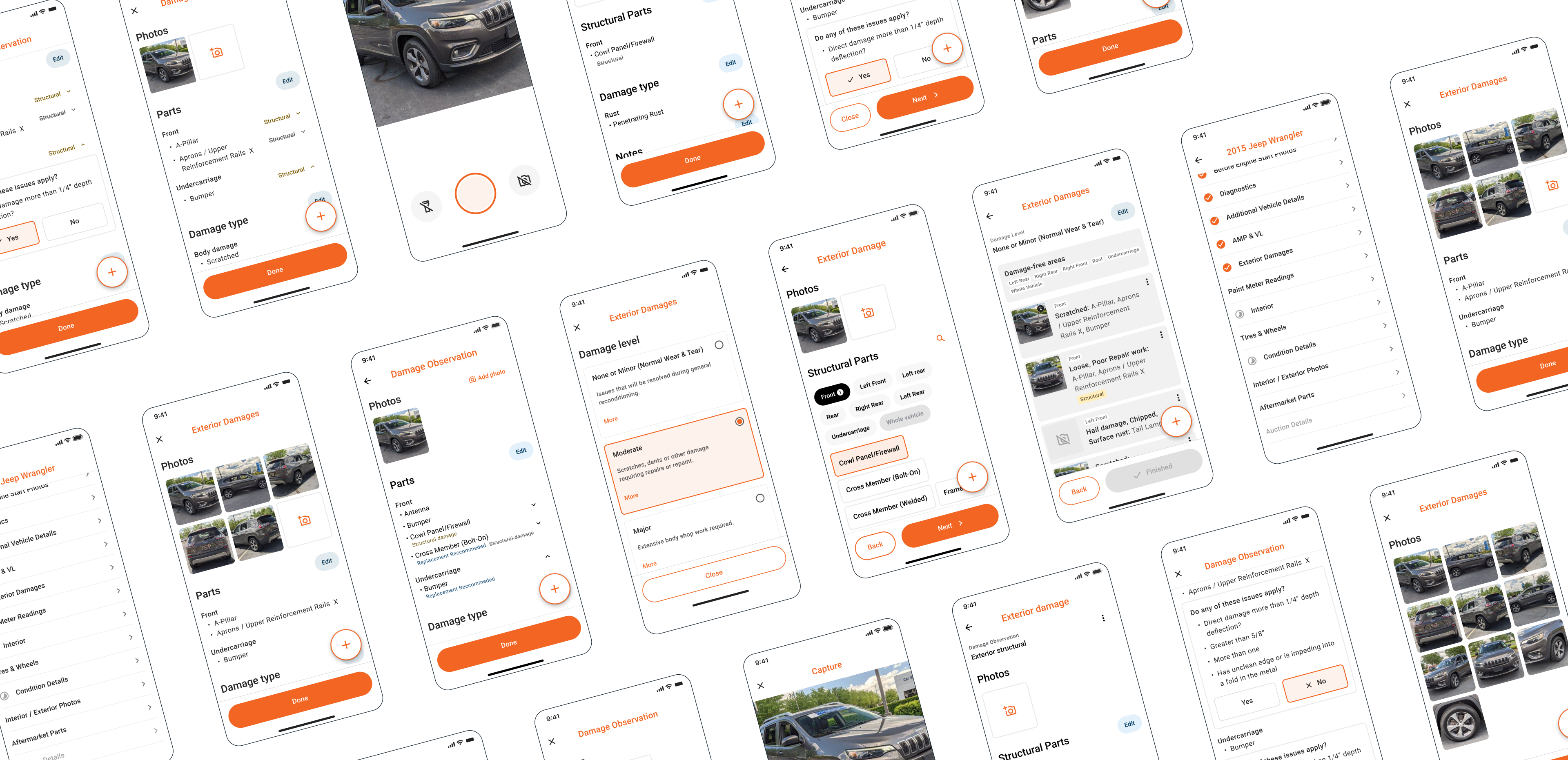 A collection of inspection app screens showing photo capture, damage levels, part selection, damage details, and the exterior damage summary.