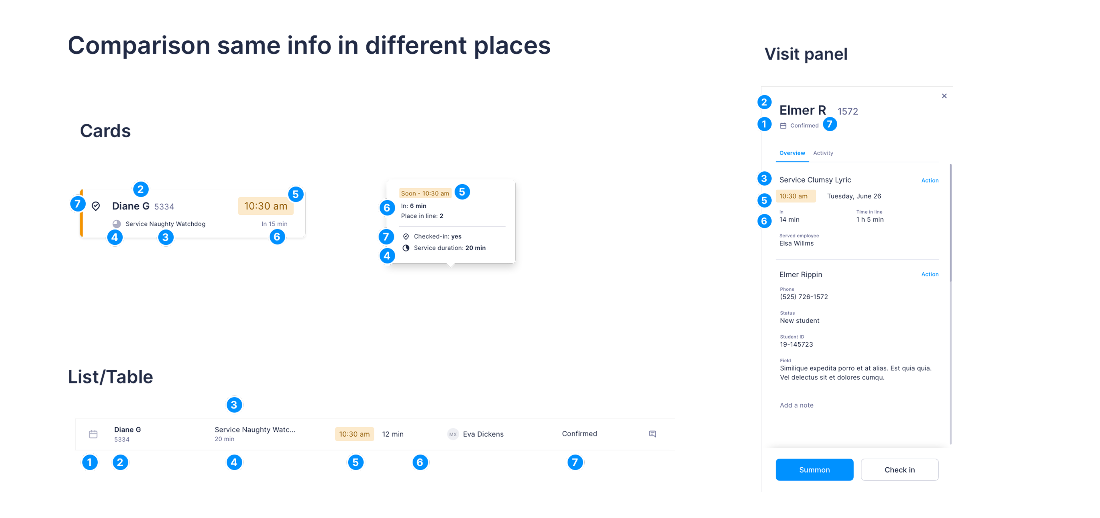 Pegasus information architecture across queue cards, list rows, and the visit panel