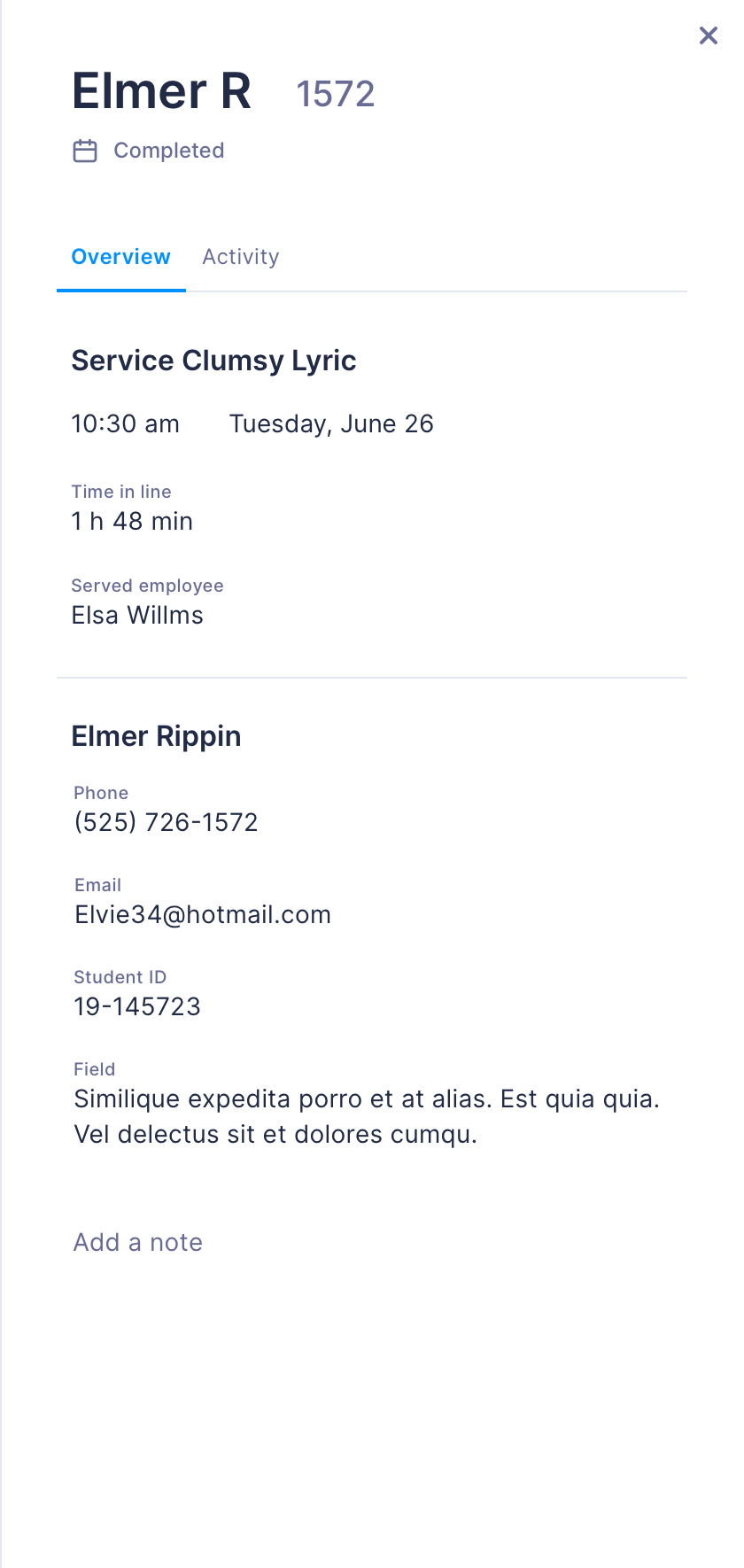 Completed visitor panel with service details, time in line, and served employee