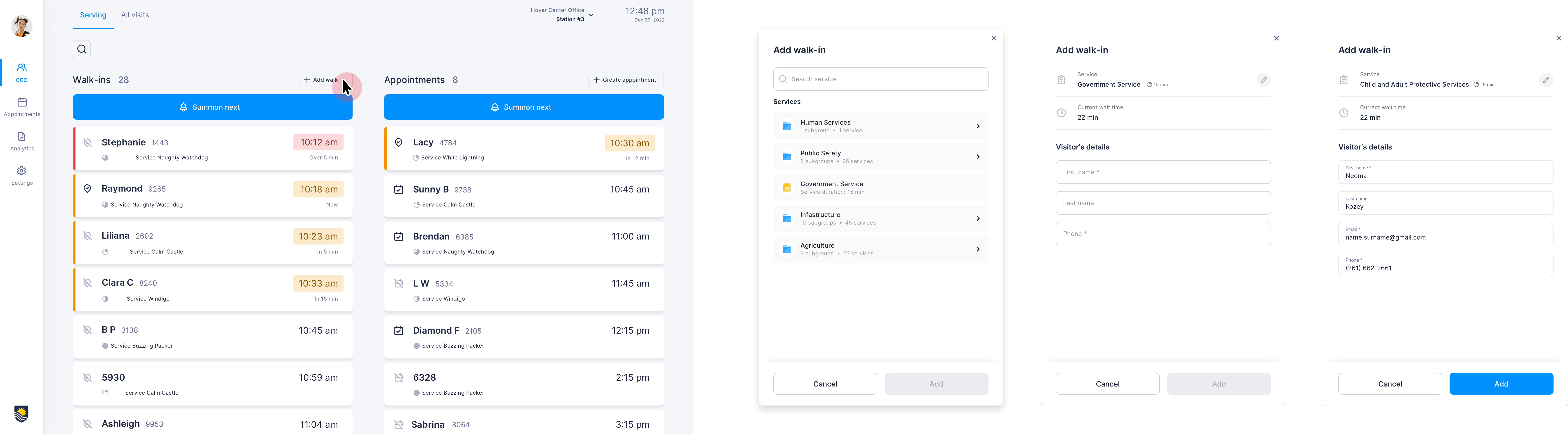 Manual walk-in creation: Add walk-in, service selection, visitor details, and enabled Add action