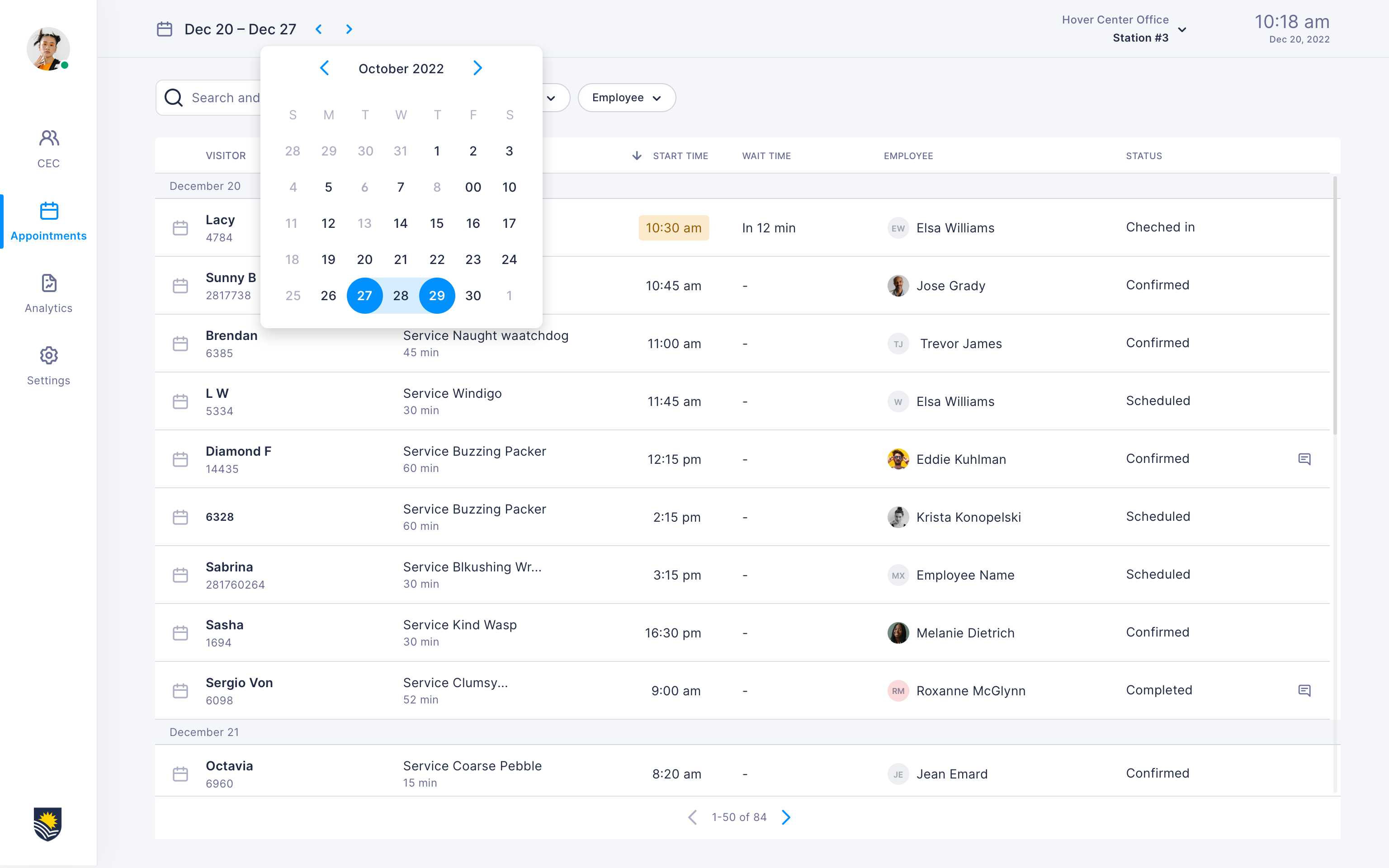 Appointments list with date-range calendar open and visit status columns