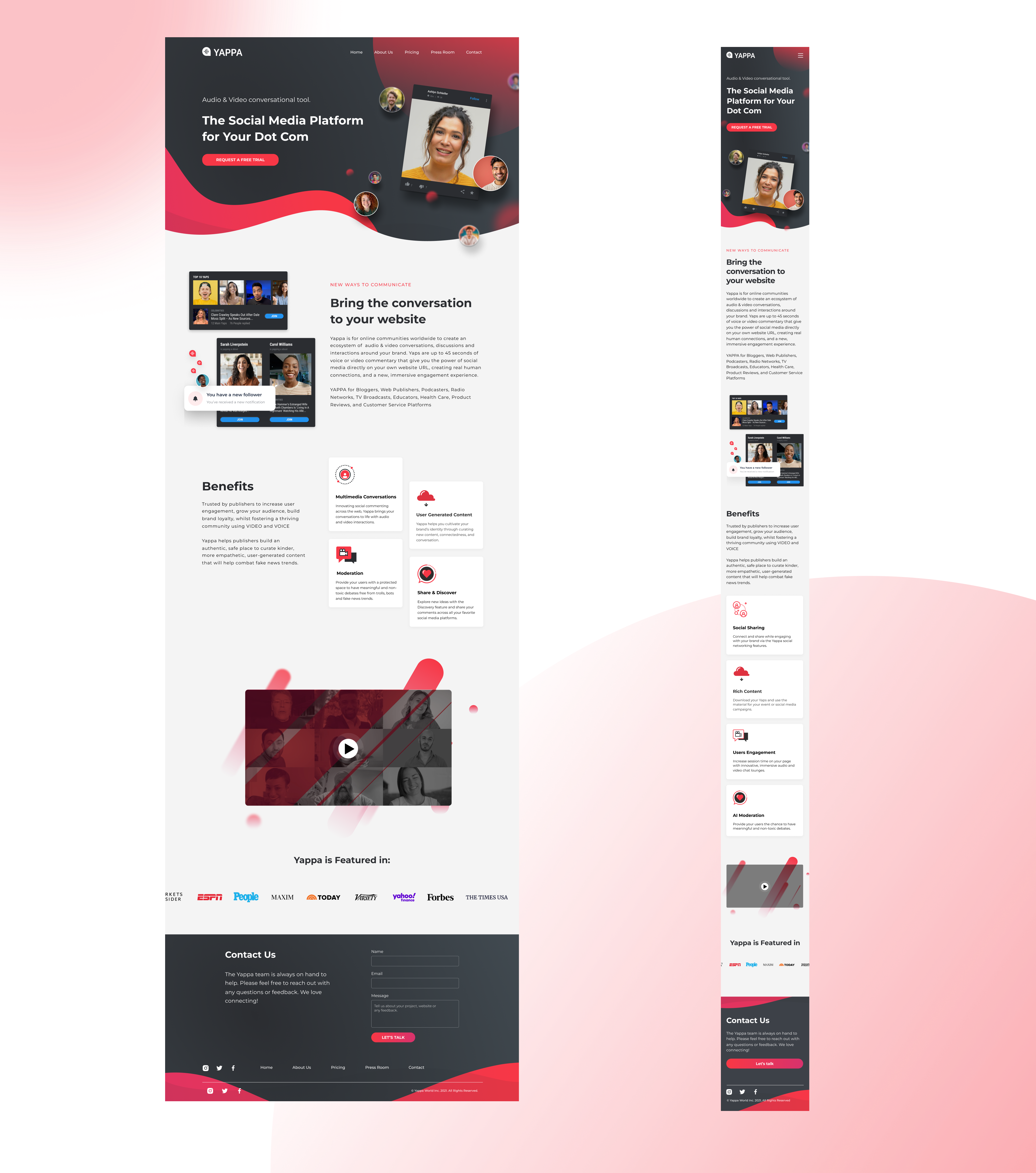 Desktop and mobile homepage: hero, product explanation, benefits, video, featured-publication logos, and contact form.