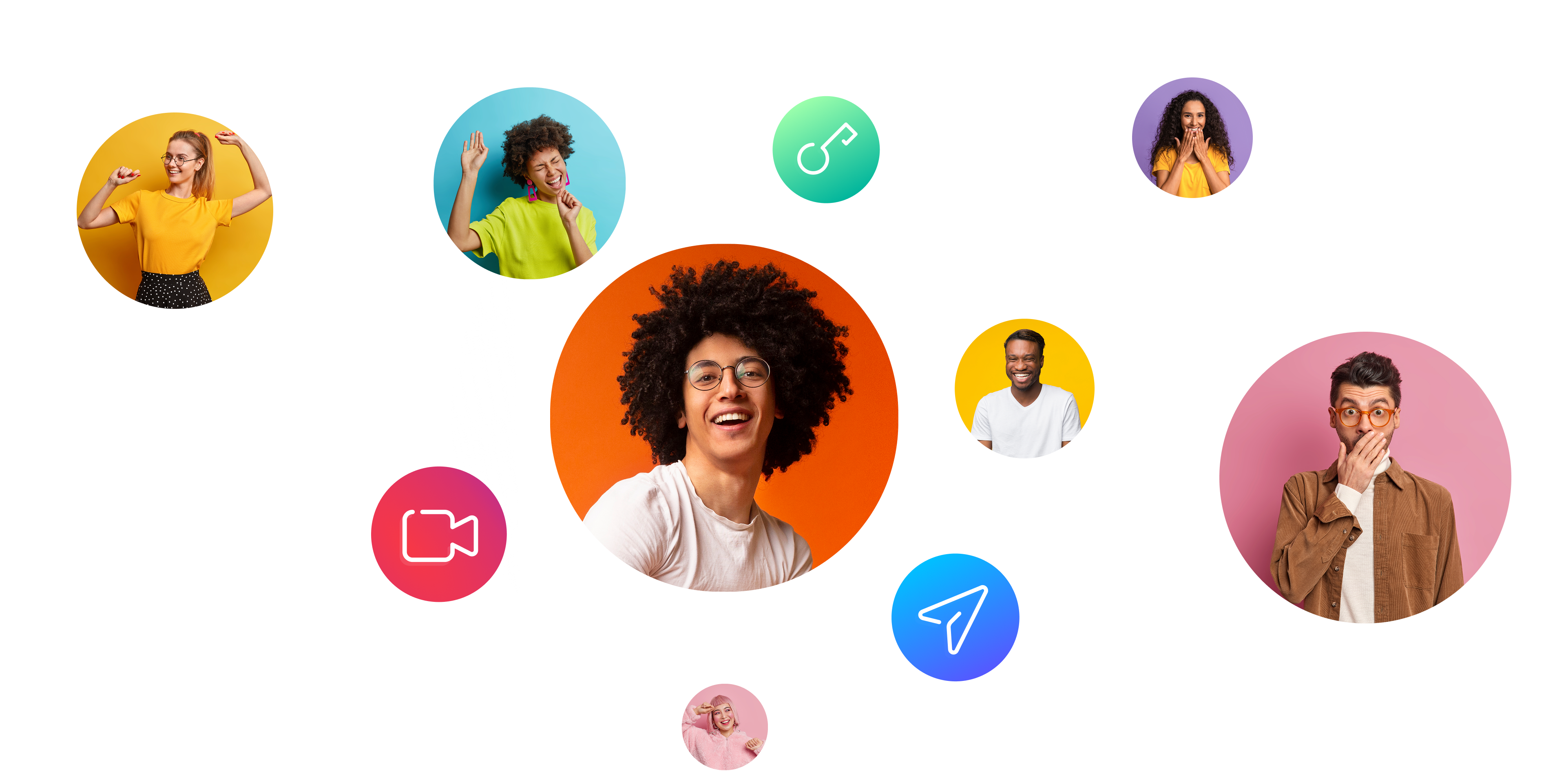 Eight-person photography grid with expressive portraits and colored backgrounds.