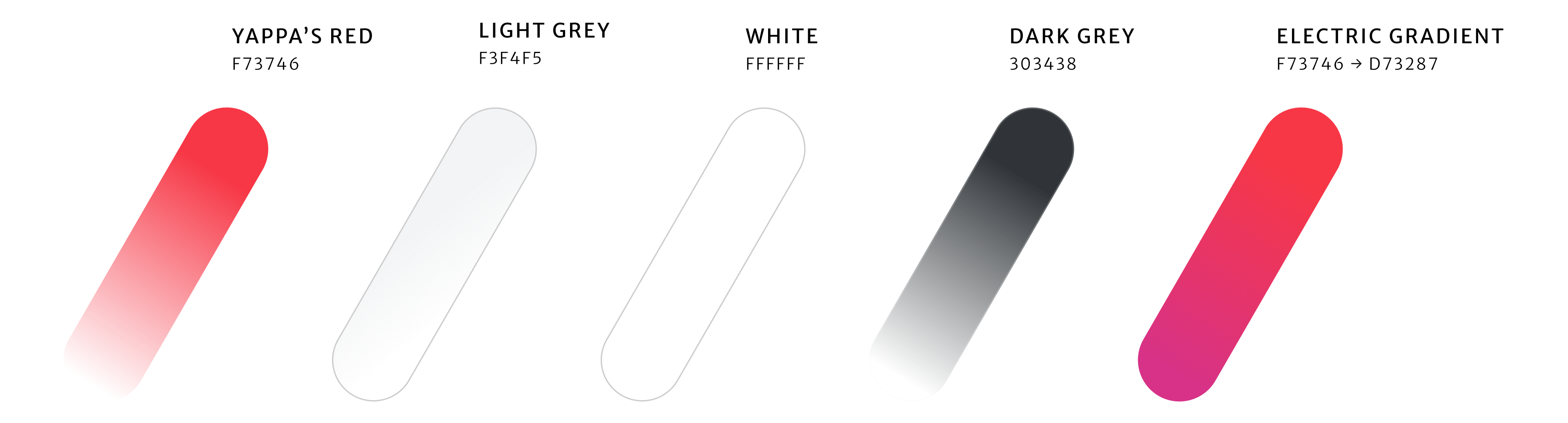 Brand palette specimen: Yappa red, light grey, white, dark grey, and the red-to-pink gradient.