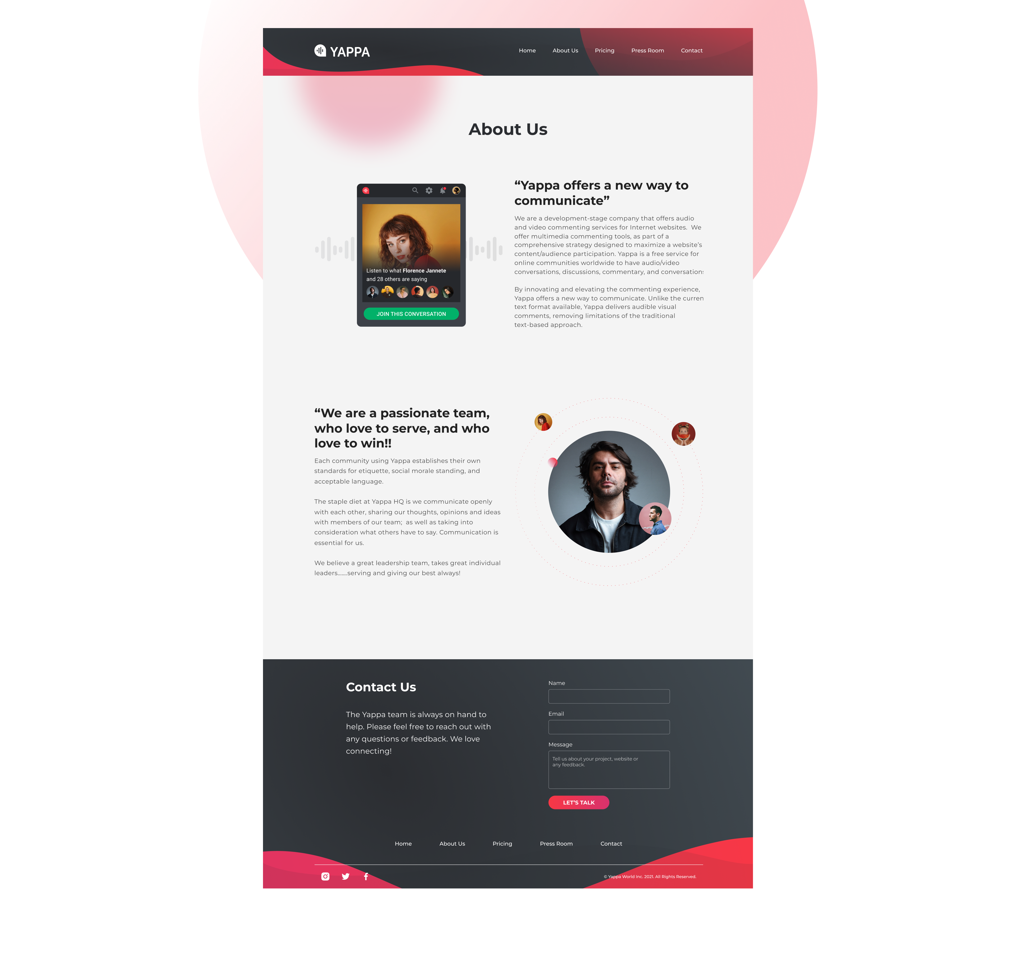 About Us page with the communication proposition, team message, portraits, product examples, and shared contact footer.