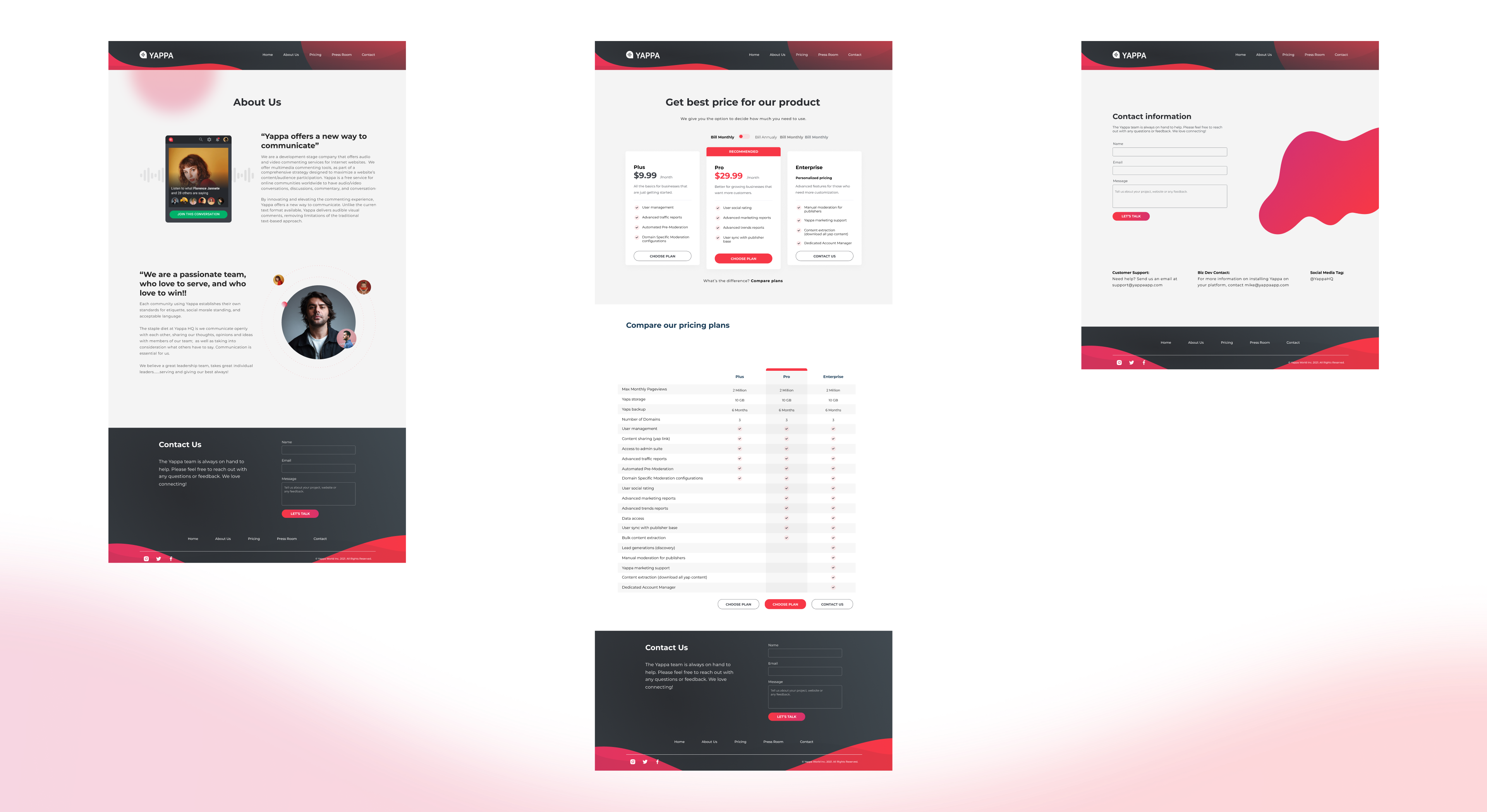 Press room, pricing plans and comparison table, and contact page shown in their source presentation order.
