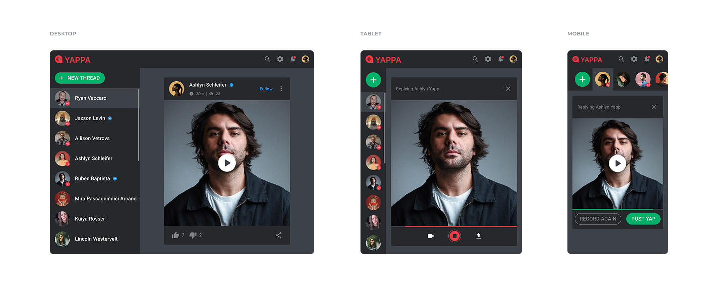 Key widget screens: desktop, tablet, and mobile video recording; audio capture; and profile views with Yaps.