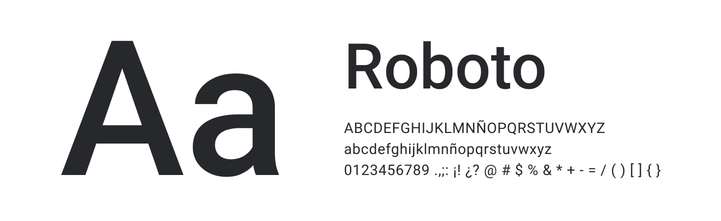 Roboto specimen with 16 px Medium, 14 px Regular, and 12 px size.
