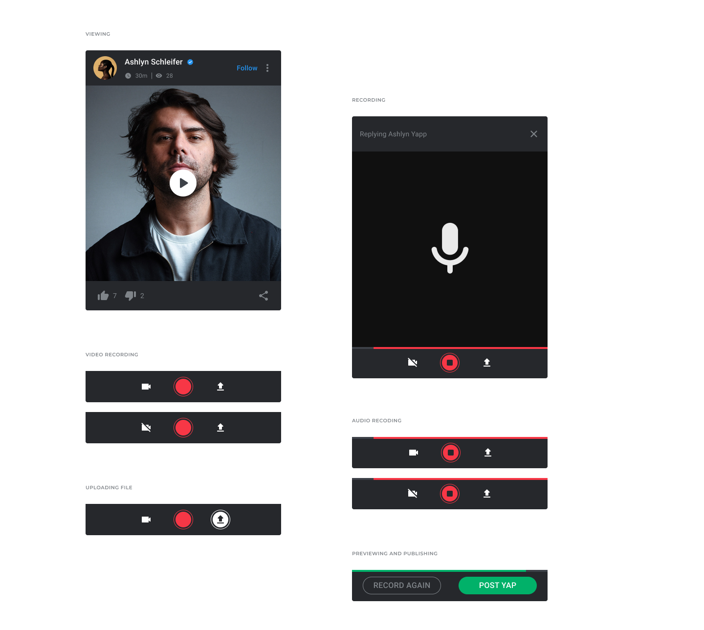 Video viewing, audio and video recording controls, upload, and publishing states.