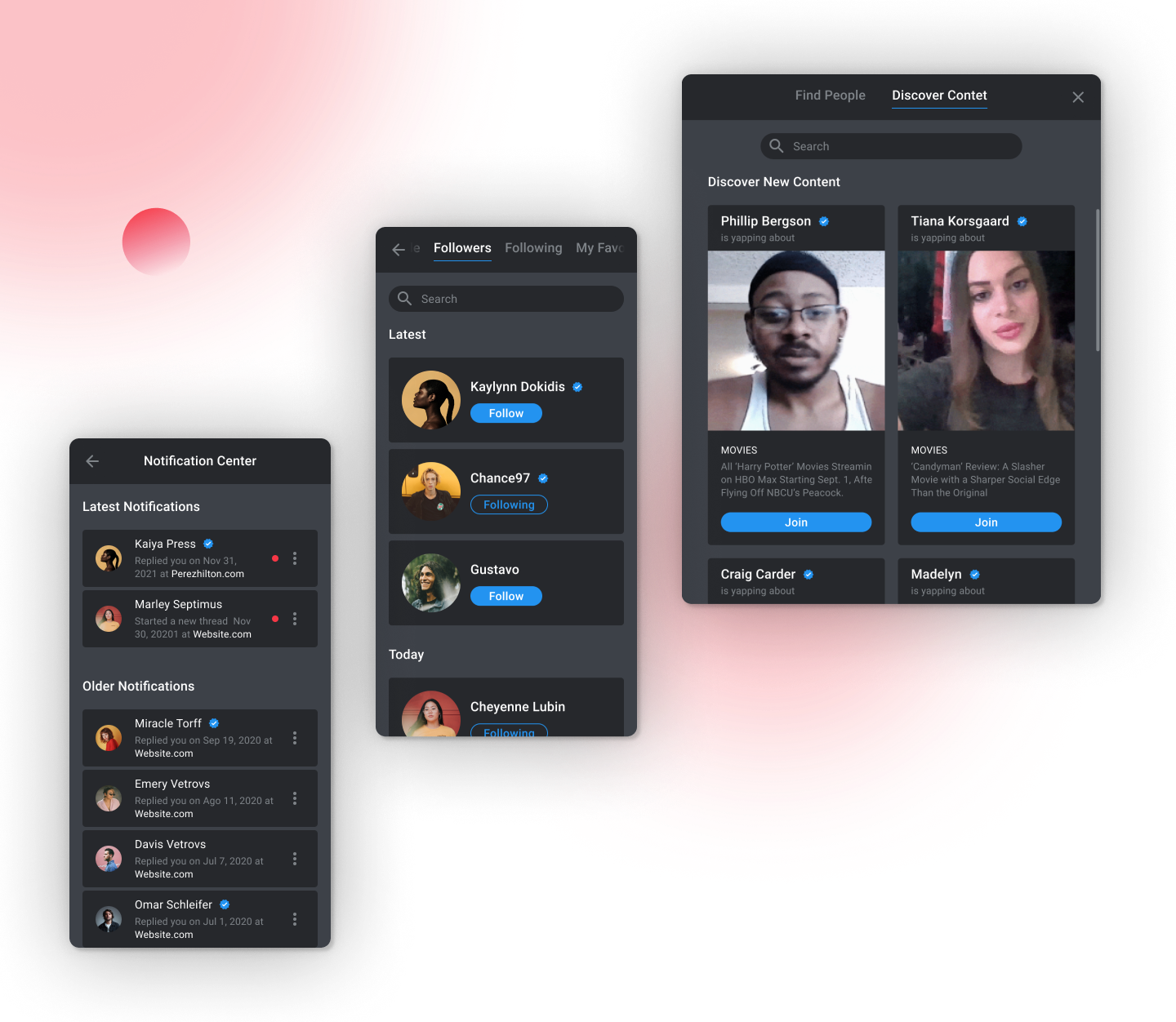Content discovery panel, followers list, and notification center.