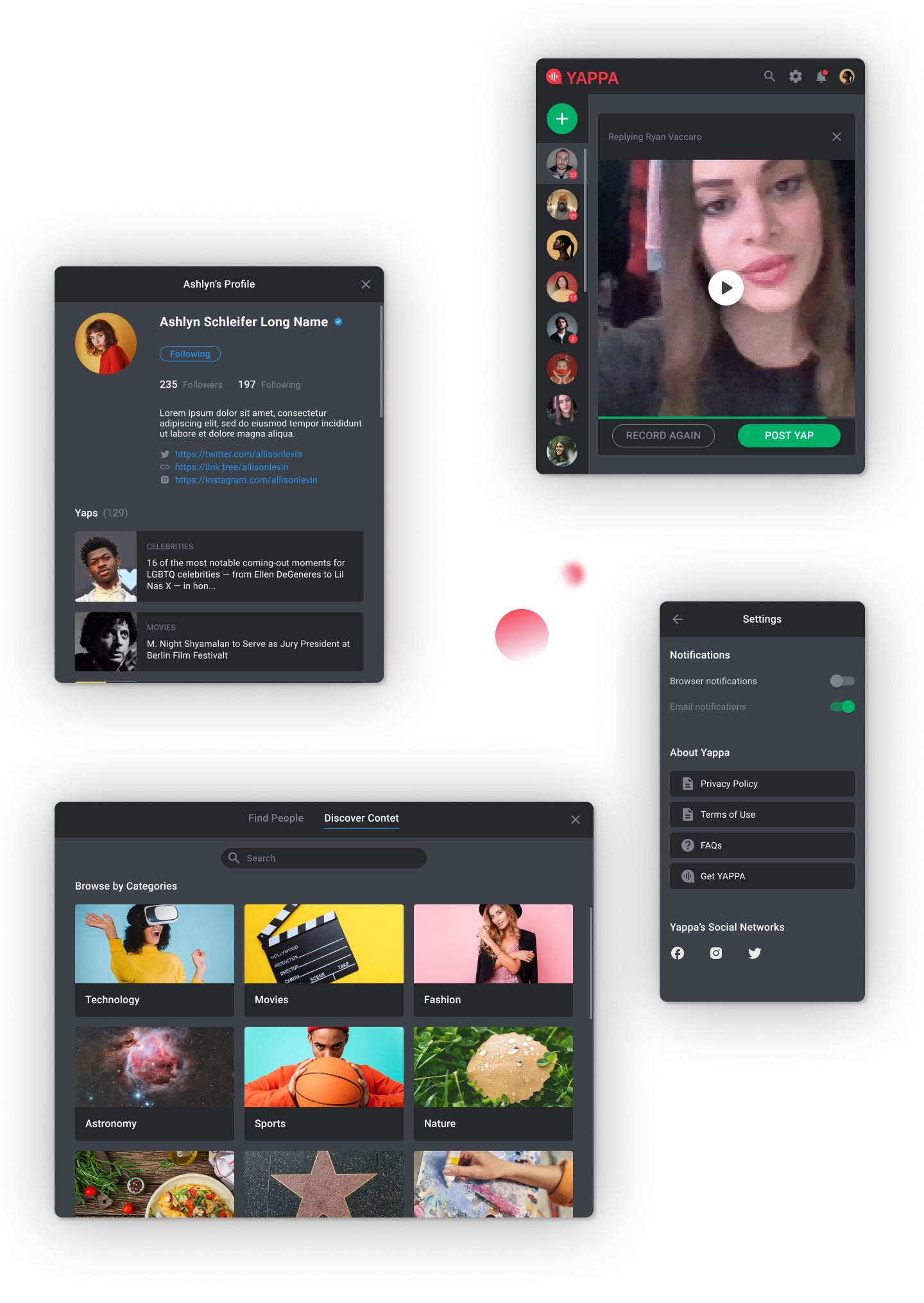 Profile, video preview, settings, and category-based discovery screens.