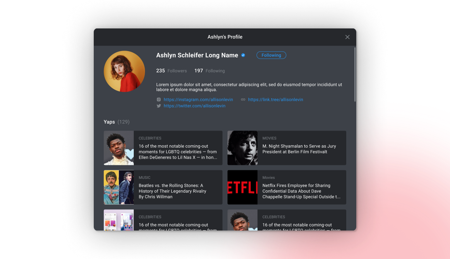 Wide profile layout with identity details and a grid of authored content.
