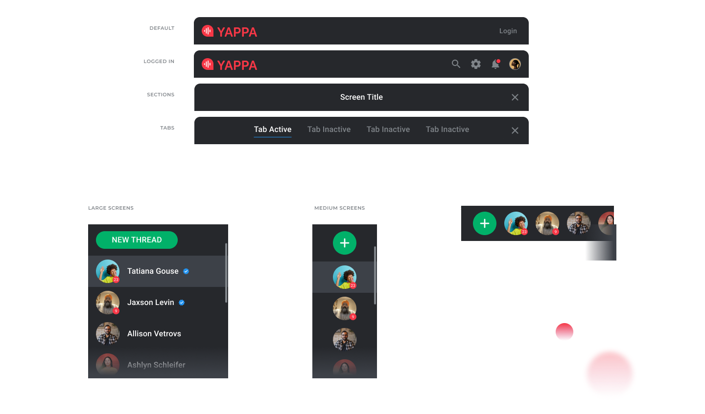 Header, section and tab bars, and responsive conversation lists.