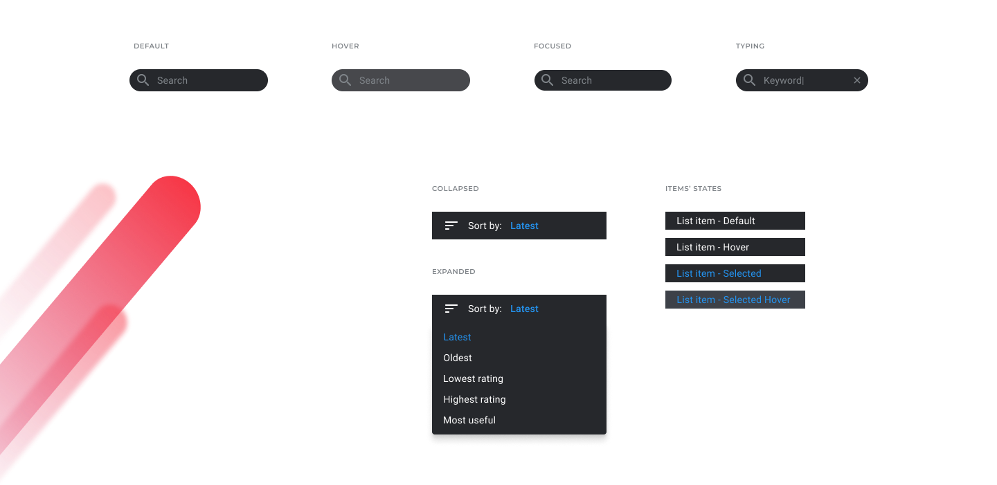 Search field, sort menu, and list-item states.