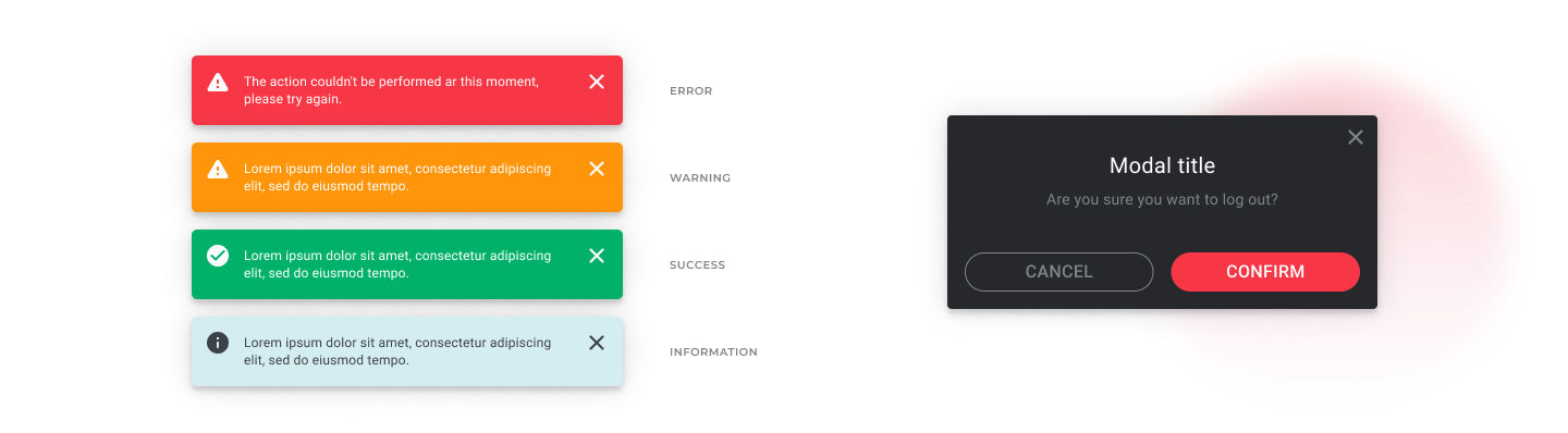 Error, warning, success, and information notifications alongside a confirmation modal.