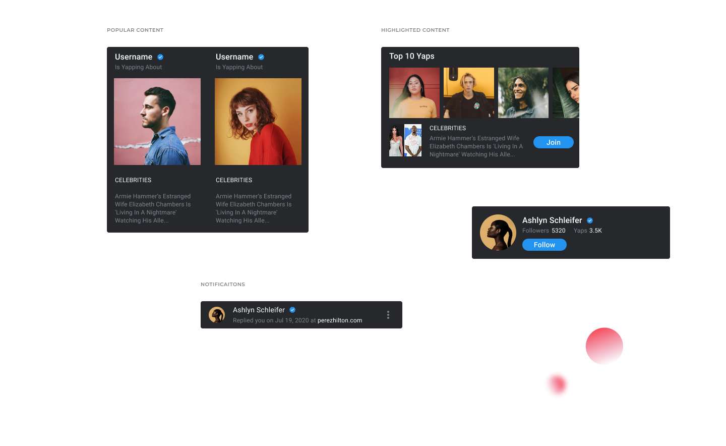 Popular and highlighted content cards, profile follow control, and notification item.