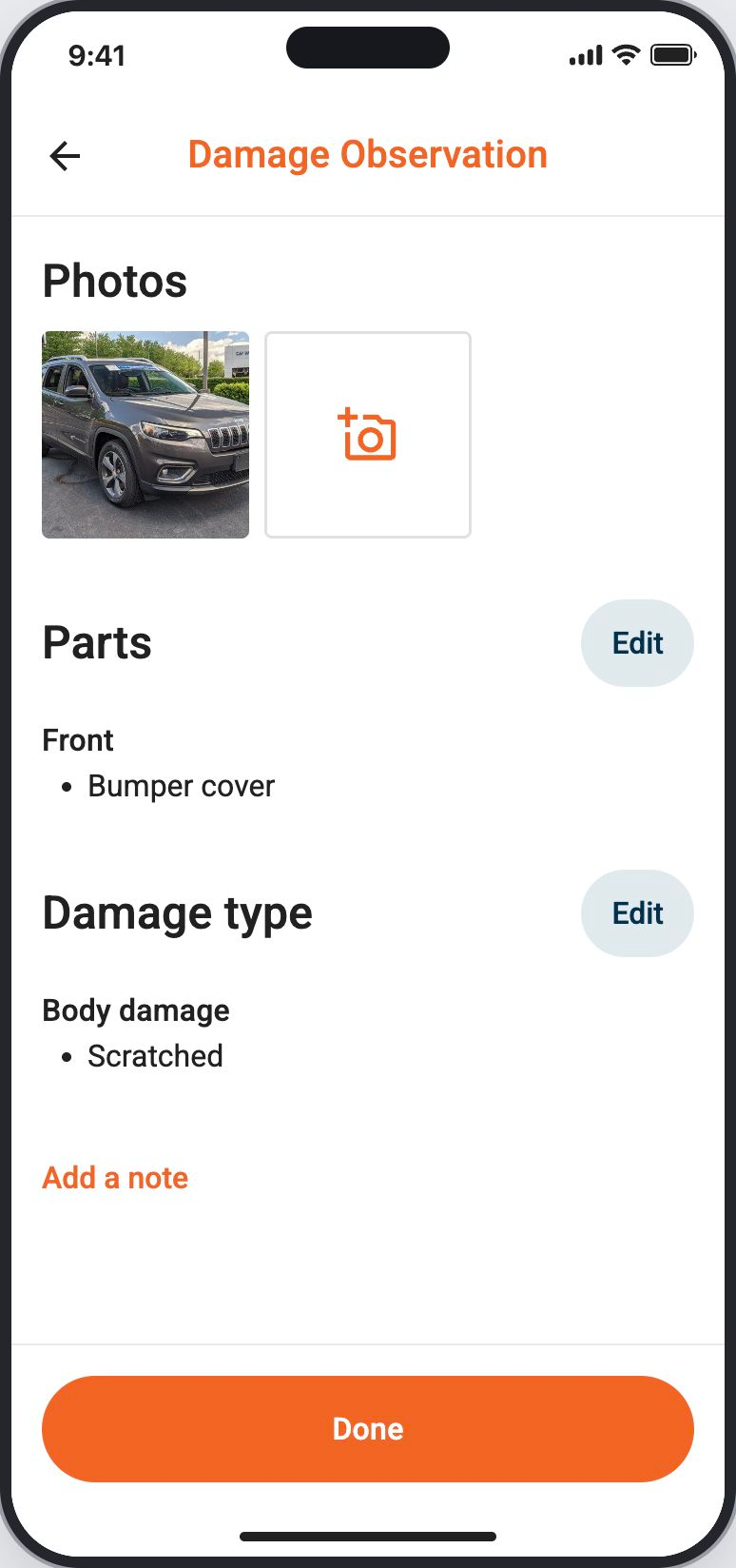 Demo: open Exterior Damages, take a photo, select Front and Bumper cover, choose Scratched, save the observation, set the damage level, and finish.